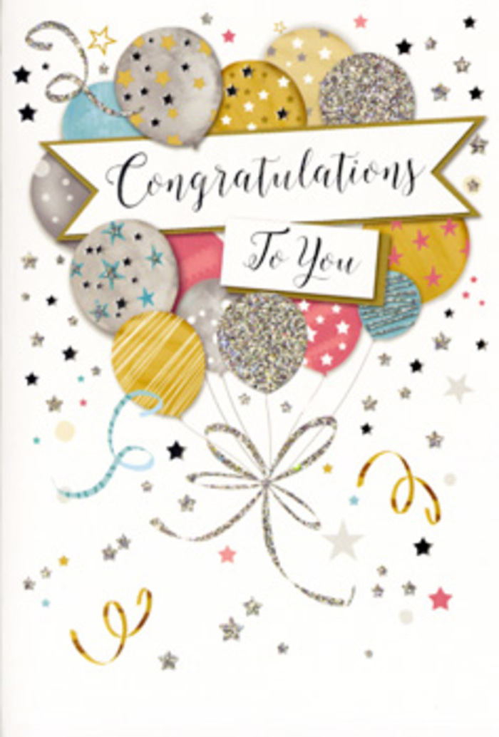 In this image, a vertical congratulations card stands propped against a neutral surface, its artwork conjuring the feeling of a gentle celebration drifting above the rooftops of Upton Park. At the centre, a cluster of perfectly round balloons appears to float, their overlapping shapes creating depth and a soft sense of movement. The colour palette is elegant and understated, blending tones of brushed gold, muted silver, champagne cream, light sky blue, tender blush pink, and misty grey. Each balloon is decorated with its own distinct detailing-some scattered with tiny metallic stars, others dressed in slender stripes or flecks that suggest fine glitter. The result is a soft shimmer across the design, reminiscent of afternoon light catching on windows along local streets. From the balloons, slender strings of gold and silver sweep down in loose, spiralling lines, meeting in a relaxed knot that echoes the natural drape of ribbon on a bouquet tied by an experienced florist. Around the central cluster, the pale background is animated by small star shapes, dots and playful curls representing ribbons and confetti, as if tossed into the air at a proud family gathering after exam results or work promotions. Gently crossing the composition is a ribbon-like banner, slightly curved as though lifted by an invisible breeze, bearing the words Congratulations To You written in flowing, calligraphic script with a classic feel. The lettering appears just a touch glossy, hinting at texture beneath the fingers. The card's overall impression is one of polished joy and heartfelt appreciation, the kind of keepsake that would sit gracefully beside fresh flowers on a mantelpiece in an Upton Park home, marking a milestone that deserves to be remembered.
