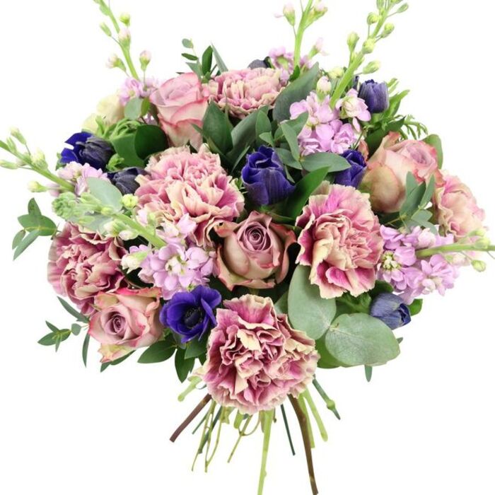 The photograph captures a lush, elegant bouquet set against a plain white background, highlighting its colours and forms with gallery-like clarity, as if carefully arranged in a calm corner of a Upton Park florist studio. At the centre, several large garden roses in blush pink, dusty mauve, and antique rose tones open fully, their petals spiralling outward to create a romantic, almost nostalgic focal point. Surrounding them, generous carnations unfurl in many layers, each bloom transitioning from a creamy or pale pink heart to deeper fuchsia and plum edges, adding a sense of softness and intricate texture. Interspersed within the pink and mauve tones, clusters of deep indigo and royal blue flowers provide a striking contrast: some are elegant, tulip-shaped buds, while a single, fully opened blue anemone with a dark central eye lies near the lower portion of the bouquet, lending a dramatic touch. Slim stems of lilac and pale lavender stock reach upward between the larger blooms, their tiny, densely packed flowers adding lightness and an airy vertical rhythm, much like a breeze moving through the trees in nearby West Ham Park. The arrangement is framed by layers of greenery, including cool, rounded eucalyptus leaves in a silvery-green hue and deeper, glossy green foliage that fills out the shape and underlines its freshness. At the base, the stems are visible and neatly bound, clearly showing the hand-tied craftsmanship, ready to be slipped into water on a dining table along Plashet Grove or in a cosy home off Green Street. With its balanced palette of pinks, purples, blues, and greens, this bouquet radiates gentle elegance, making it ideal for birthdays, anniversaries, thank-you gifts, or simply brightening a grey Upton Park afternoon.
