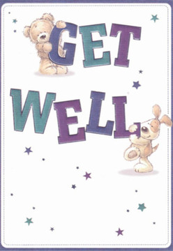 Charming and full of light, this get well card channels the restorative energy found throughout Upton Park. The illustration features a lively teddy bear cheerfully clutching the top of 'GET' while a friendly puppy offers gentle encouragement to the bold 'WELL' below. Every rounded curve and expressive glance expresses comfort and optimism, while the surrounding constellations of purple and teal stars reflect the vibrant blooms so often seen spilling from Upton Park's florist shops. The pure white background invokes fresh beginnings and clarity, reminiscent of the markets and parks that make this area so welcoming. This visual scene, much like an artfully arranged bouquet from a local florist, blends nurturing care with playful artistry-every star and colour quietly brightening the day for anyone recovering in Upton Park's caring community.