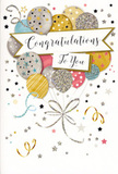 The photograph features a stylish congratulations card that feels like a quiet burst of happiness, the sort of piece you might pair with a bouquet from Flowers Upton Park for delivery around Green Street. The card is shown upright, revealing a design dominated by a bouquet of illustrated balloons gathered at the centre and rising towards the top edge. These balloons are rounded and softly shaded in coordinating tones: warm gold, glistening silver, champagne, airy sky blue, blush pink and subtle grey. Each one has its own personality, with tiny stars, fine lines, or gentle glitter-like speckles giving the surfaces a sense of sparkle, as though catching the light from a nearby celebration in an Upton Park home. Slender ribbons in metallic gold and silver trail downwards from each balloon, looping and overlapping in graceful arcs that mimic the relaxed fall of real ribbon. Dotted around the balloons are petite stars, confetti dots and swirling ribbon motifs scattered over a pale, uncluttered background, suggesting confetti slowly drifting to the floor after a cheer. Running across the card is a softly curved banner, its ends gently curling, on which the message Congratulations To You is written in elegant, flowing script that looks slightly raised and glossy to the eye. The overall colour scheme leans towards soft metallics and pastels, creating a harmonious balance between festivity and refinement. This card radiates genuine pride and joy, making it an ideal choice for celebrating exam results, promotions, new ventures or any special achievement, especially when presented alongside fresh, fragrant flowers delivered locally throughout Upton Park.