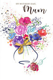 In this beautifully illustrated Mother's Day card, a vibrant bouquet takes centre stage, rendered in fluid watercolour strokes that echo the natural charm of flowers sold around Upton Park. The main blossoms swell with intense shades of cerise, raspberry, and fuchsia, their softly curved petals suggested by deep indigo outlines that add structure without losing the looseness of the medium. Between these vivid blooms, calming notes of cool blue, gentle lilac, and pale peach weave through, creating the feeling of a thoughtfully mixed arrangement rather than a uniform cluster. Hints of fresh green peek out like leaves, grounding the design and recalling the scent of stems freshly snipped in a local florist's shop.
Subtle lines and touches of gold trace selected petals and foliage, giving a delicate glow that evokes early morning light shining on dew-covered flowers along the streets near West Ham Park. The bouquet is held in a simple, stylised vase, gently indicated by translucent washes of colour and finished with a tidy golden bow that hints at the careful way a gift bouquet is wrapped before heading out for delivery around Upton Park. All around the central design, playful splatters, tiny hearts, and dots of colour scatter across the crisp white background, lending a sense of festivity and unspoken emotion. The composition feels open and airy, yet full of heartfelt energy, as if the card itself is offering a warm embrace. It captures the moment of presenting flowers to Mum-anticipation, love, and gratitude-preserved in layered colour and shimmering detail.