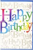 A jubilant birthday card front that visually sings: the words 'Happy Birthday' dominate in large, rounded letters, each letter dipped in a different jewel tone so the phrase runs like a small rainbow - deep cherry red easing into fuchsia, then sapphire and teal, through emerald into sunny goldenrod. Tiny multicoloured starbursts and confetti dots are scattered across the face like thrown glitter, lending a feeling of movement and light-hearted surprise. Behind this bold headline a delicate wash of pale champagne and soft silver shimmers with a repeated, whispering script - the phrase 'Happy Birthday to you' written over and over in fine, gold-glittered handwriting that catches the light at different angles, as if the card wore a veil of morning dewdrops. The paper surface reads as satiny and slightly pearlescent; you can almost feel the smoothness under your fingertips and the faint raised texture where the glitter has been applied. Warm studio lighting creates gentle highlights and subtle shadows, making the colours glow without overwhelming the background shimmer. This is a design that balances exuberance with thoughtful detail: bright, buoyant typography for someone who likes big celebrations, and a refined gilded backdrop that keeps the sentiment heartfelt and sincere. Imagine passing this through the hands of family on a kitchen table in Upton Park after a walk down Green Street - it lifts the moment, turning a simple message into a small, memorable fête that feels both playful and lovingly considered.