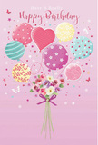 Playful birthday scene illustrated on a soft pink background, where pastel balloons float upward with joyful energy, carrying a delicate bouquet that feels right at home in Upton Park. The design centres on a lively cluster of balloons in shades of blush, sea-green, lilac, and warm yellow, their rounded forms overlapping and glowing as if lit by soft afternoon light over nearby Green Street. Each balloon has a unique personality: some spiral with candy-coloured stripes, others are scattered with charming polka dots, and one sits proudly in a heart shape, radiating warmth and affection. Beneath this colourful display, a compact bouquet gathers at the base, brimming with petite roses and anemone-style blossoms in creamy ivory, blush pink, and gentle mauve. The petals look feathery and layered, suggesting both softness and freshness, much like a hand-tied posy prepared at Flowers Upton Park for a birthday surprise. A violet satin bow secures the stems, its neat knot and trailing ribbon shimmering slightly as the light touches it. Surrounding the bouquet and balloons, tiny starbursts and butterfly silhouettes flutter, adding a subtle touch of fairy-tale wonder-like confetti and laughter caught in the air after candles have been blown out. The composition feels weightless and sweet, a perfect visual translation of a bright, unforgettable birthday greeting and the feeling of having beautiful blooms delivered straight to a doorstep near Upton Park station.